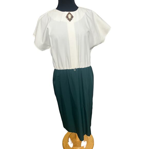 Vintage 70s White Green Secretary Nerd Dress Retro Cottage Large X Large Fall - Picture 1 of 8
